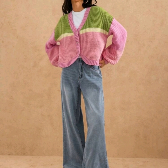 Winter Clothes For Women New V-Neck Colorful Striped Funny Long Sleeve Cardigan - Picture 3 of 5